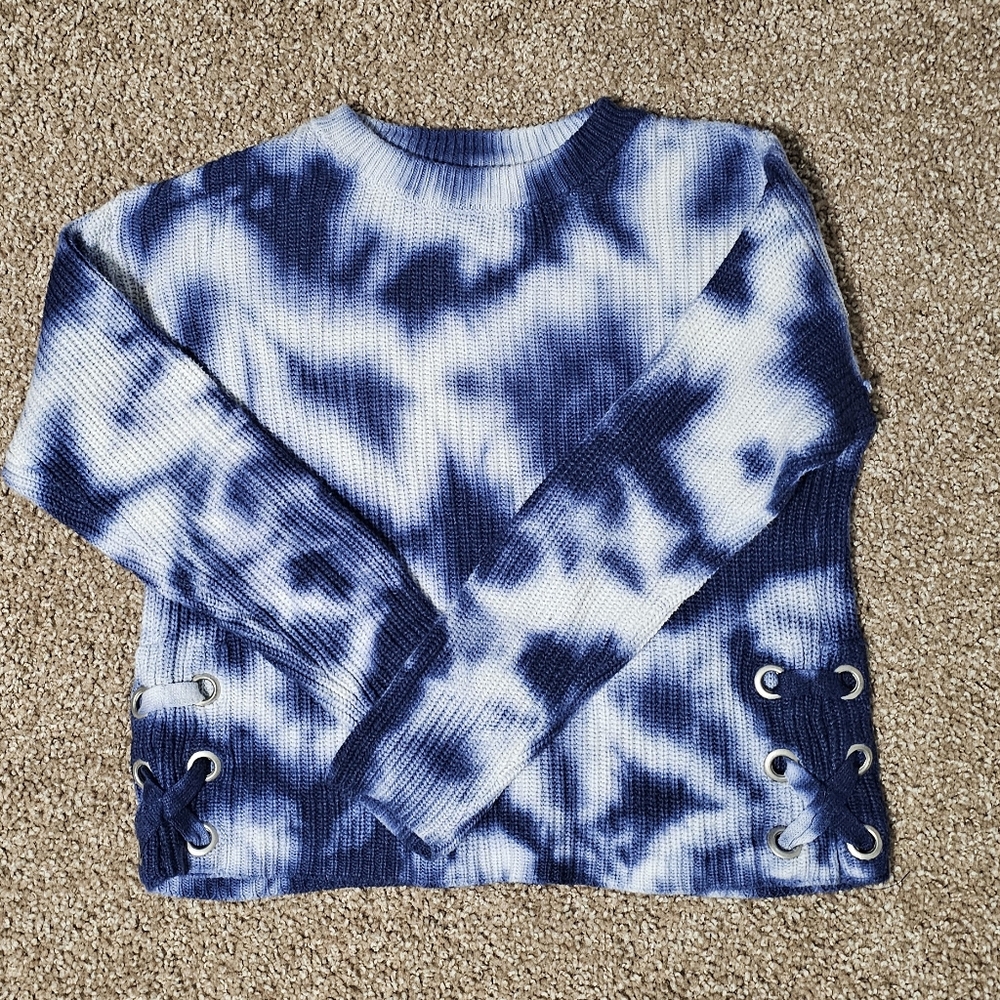 Justice Blue Tie Dye Cable Knit Waist Strings Braid Design Sweater